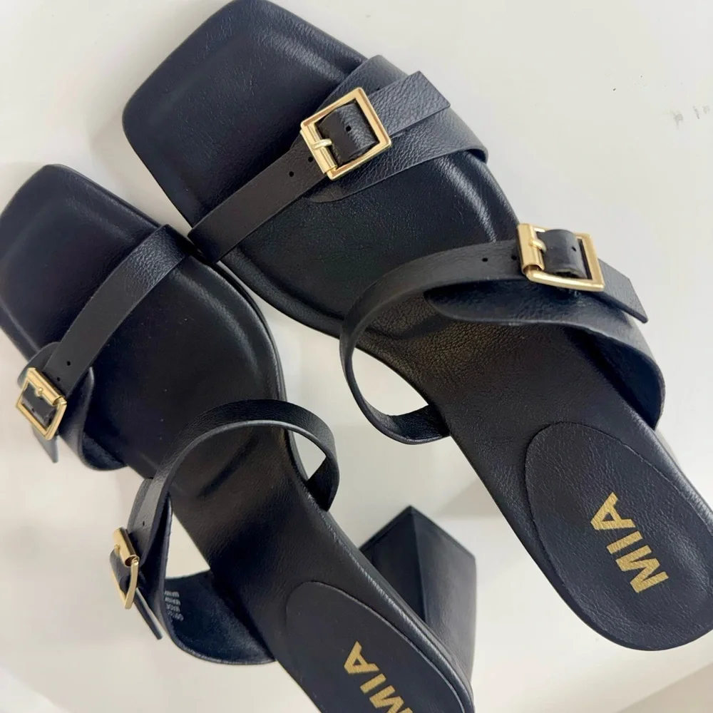 MIA Black Wedge Sandal with Gold Buckles